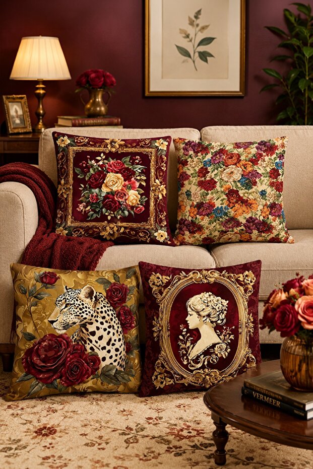 Tapestry Print Floral Patterned 4-Piece Throw Pillow Cover Set