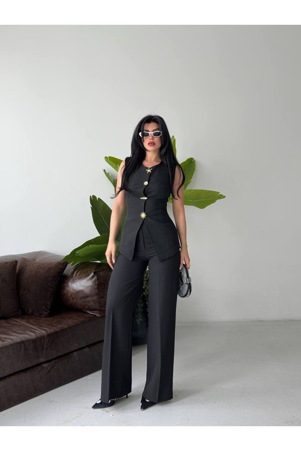 Asymmetrical Cut Design Buttoned Vest and Palazzo Trousers Two-Piece Set for Women