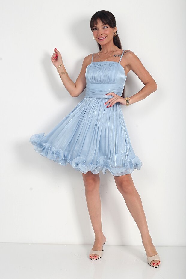 Women's Rope Strap Lined Skirt with Ruffled Hem and Draped Chiffon Short Dress