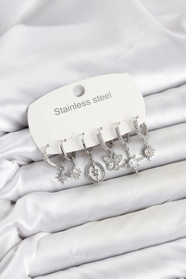 316L Steel Silver Color Zircon Stone Charm Detailed Women's Earring Set