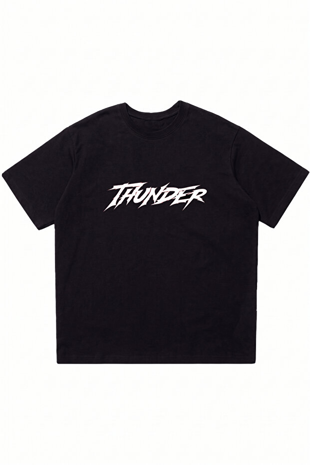 Thunder Printed Black Oversize Crew Neck T-Shirt