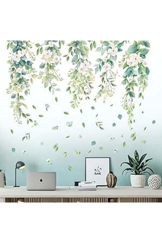 Hanging Leaves Wall Stickers for Bedroom: Green Vine Plants Nature Wall Decals
