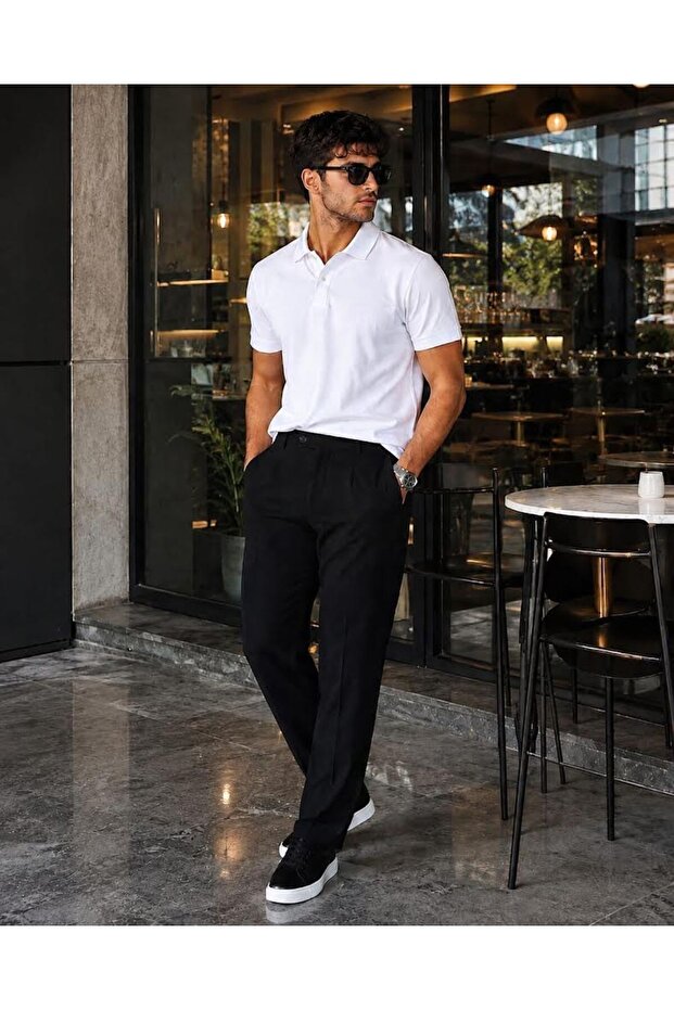 Men's Polo Paka (T-Shirt + Trousers) Comfortable Fit Button Detailed 2-Piece Top and Bottom Set