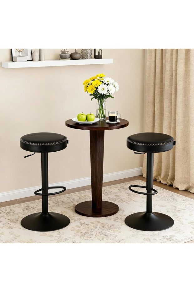 Modern Swivel Bar Stools Set of 2, Adjustable Counter Height, Oil-Waxed Leather, Black