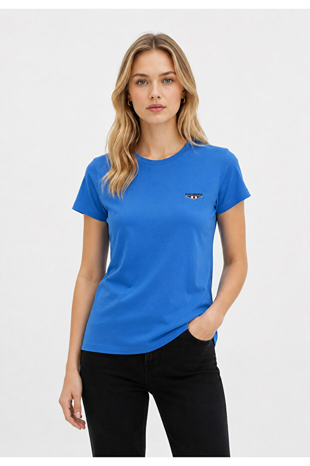 Kadın Logo Nakışlı Mavi Basic T-shirt