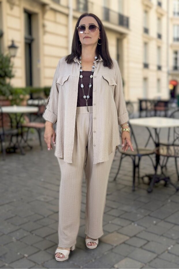 Foldable Sleeves, Buttoned Long Shirt, Wide Elastic Waist, Pocketed Pants, Thin Summer Fabric, Plus Size, Two-Piece Set