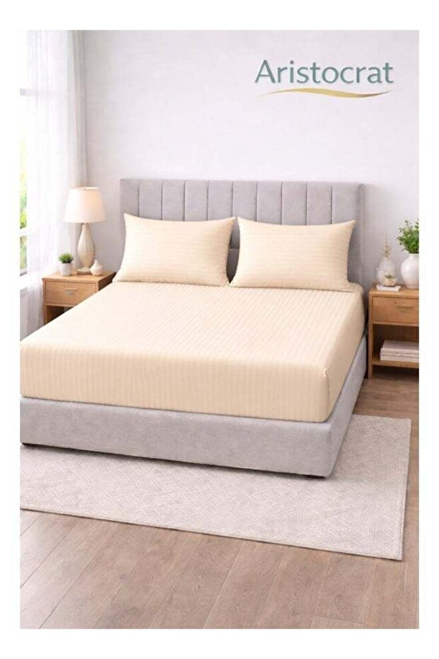 3-Piece Striped Microfiber Fitted Sheet Set Super King 200x200cm – Cream