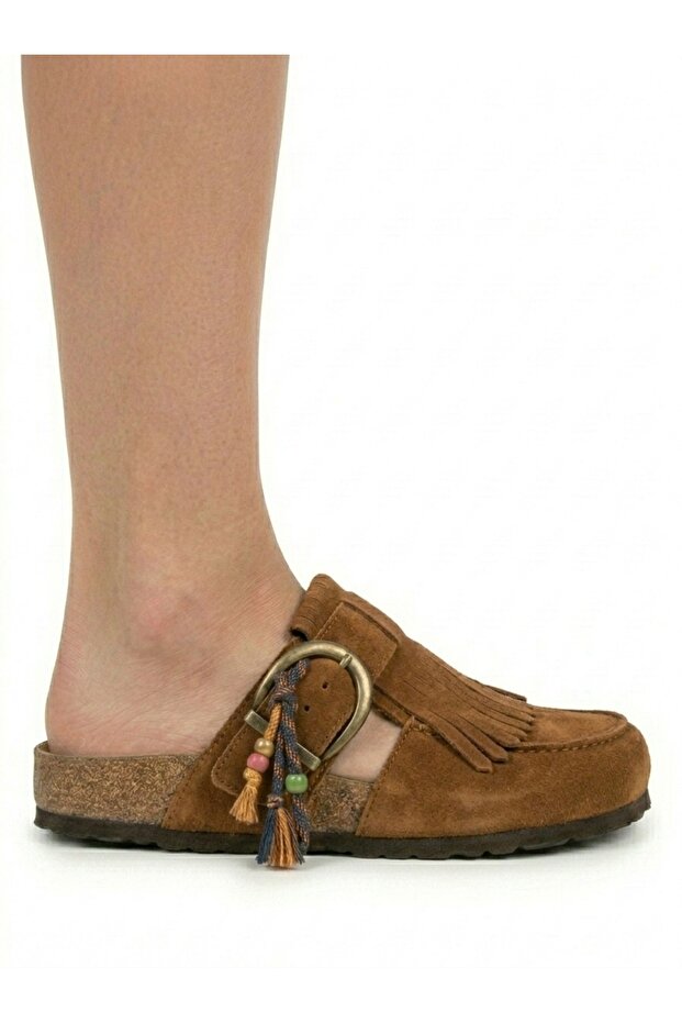 Women's Mc420 Genuine Suede Leather Tasseled Orthopedic Clog Cork Sole Slippers