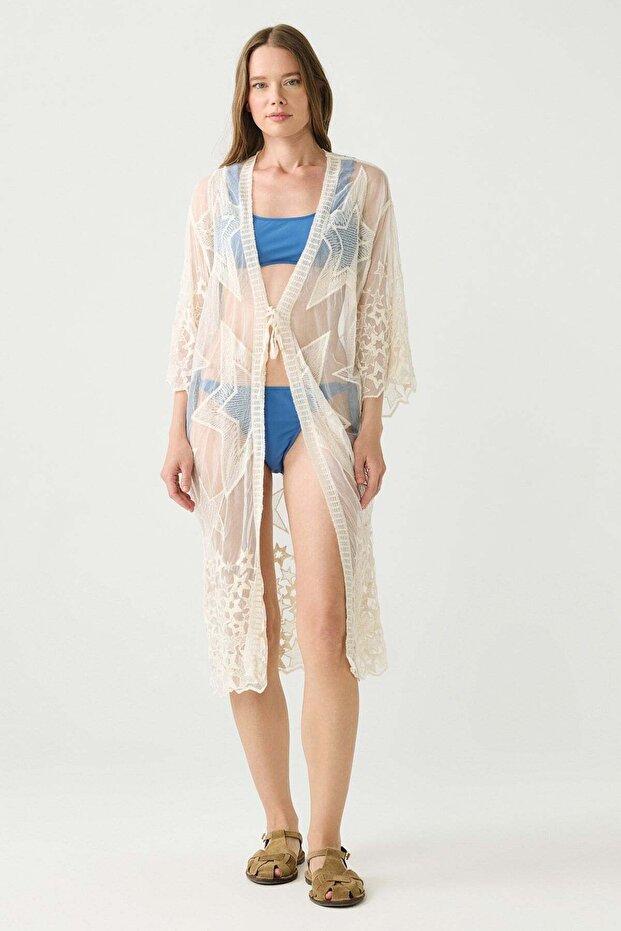 Star Embroidered Front Tie Long Beach Dress Beige