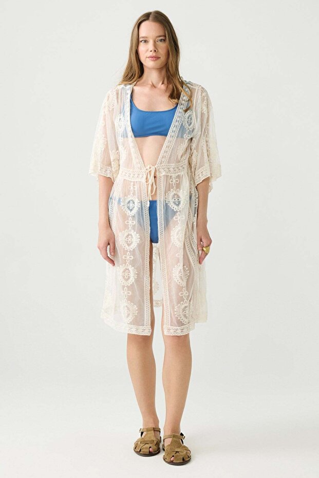 Bohemian Embroidered Front Tie Long Beach Dress Beige