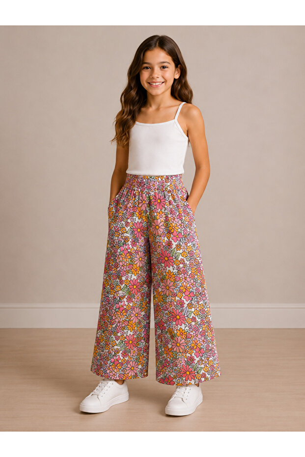 Girl's Elastic Waist Patterned Wide Leg Trousers