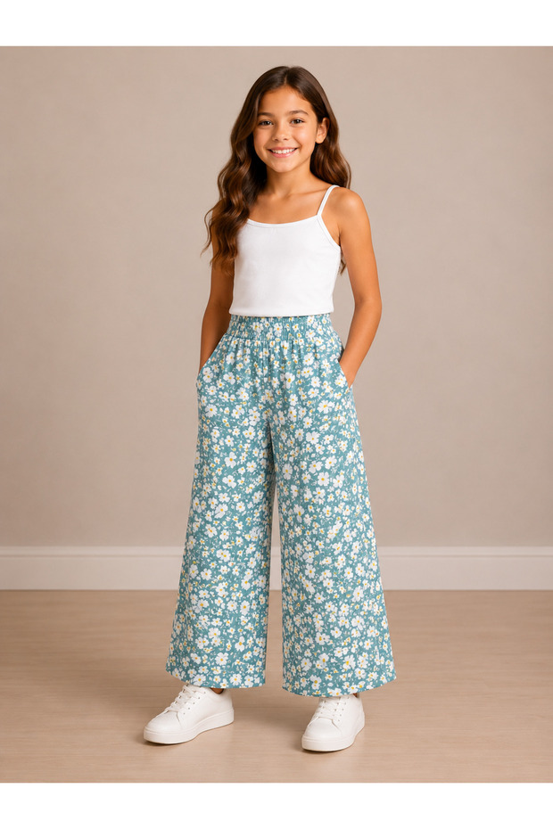Girl's Elastic Waist Patterned Wide Leg Trousers