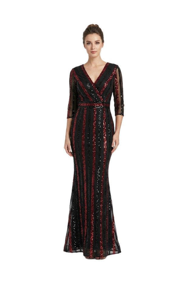 Linear Sequin Embroidered V-Neck Evening Dress