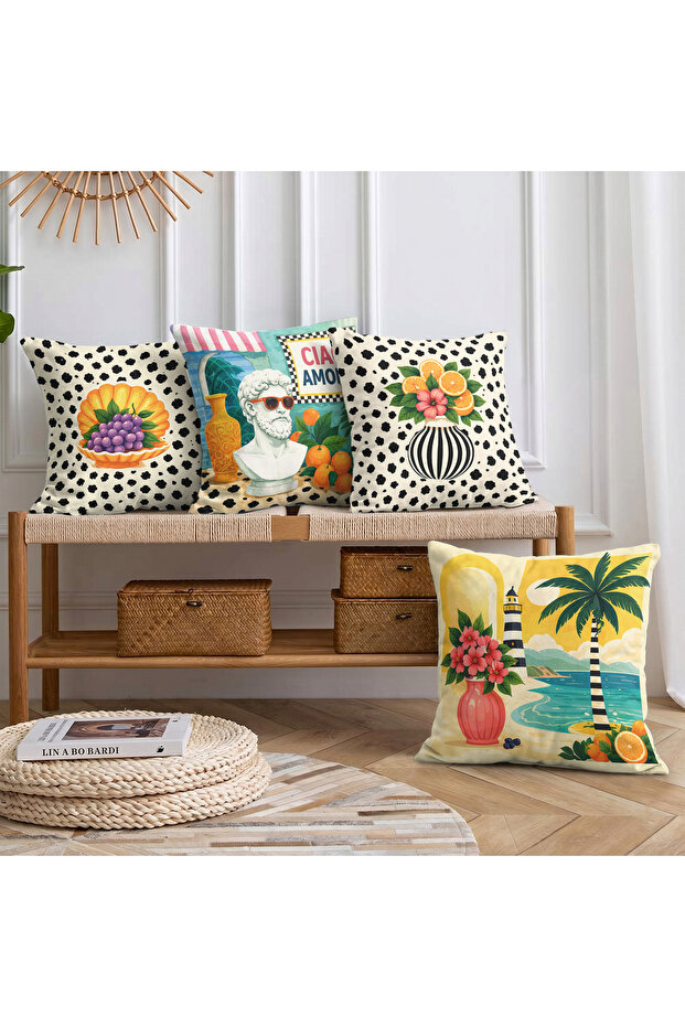 Double-Sided Suede Tropical Summer Themed Set of 4 Throw Pillow Covers - Sculptural, Orange, and Palm Tree Patterned Colorful Pillowcases