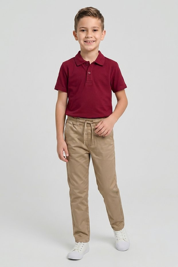 Boys' Burgundy Short Sleeve Polo Collar T-Shirt Beige Ribbed Waist Canvas School Pants Bottom - Top Set School Outfit
