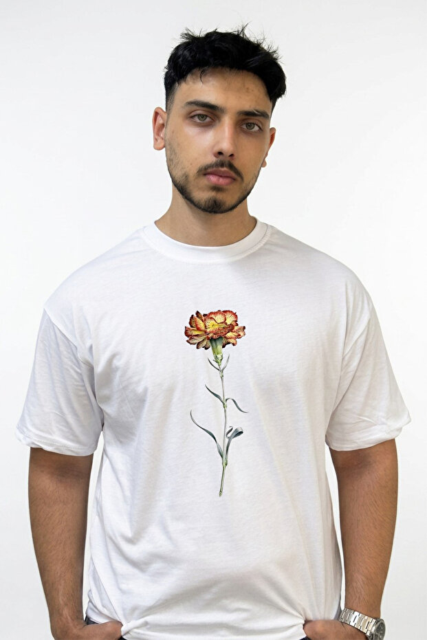 Carnation Design Printed Oversize White T-Shirt