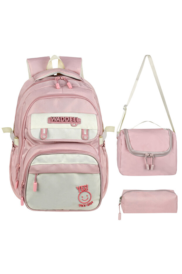Pink School Backpack with Logo Cover, Thermal Lunch Bag and Pencil Holder Triple Set