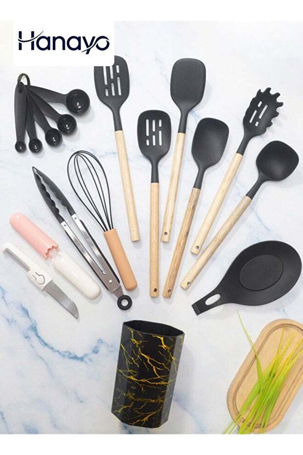 12 Pcs Kitchenware Set Kitchen Cooking Utensils Set Heat-resistant Silicone Tool Set with Wooden Handle Non-Stick Spoon Kitchen Utensils Cooking Kitchen Tool Set(Black)