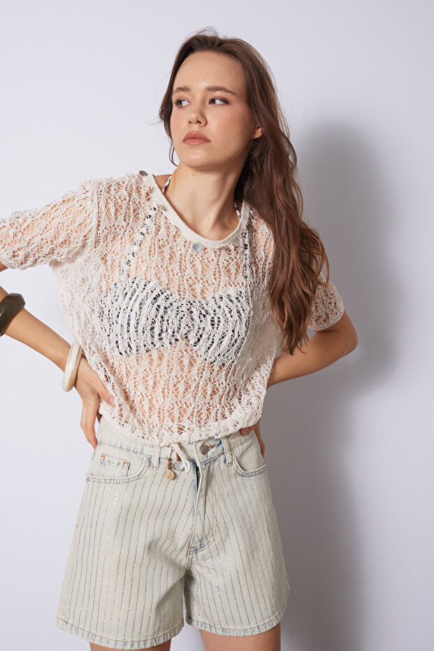 Tricot Blouse with Openwork Sequence Embellishment Detail, Ecru
