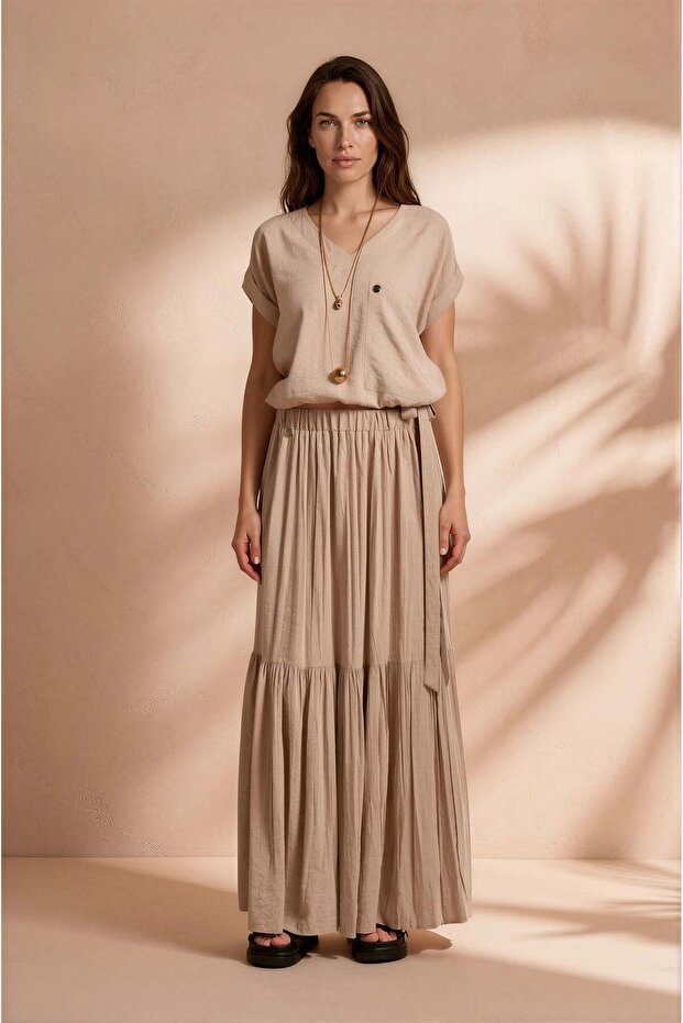 Beige Blouse and Wrinkled Look Maxi Skirt Set