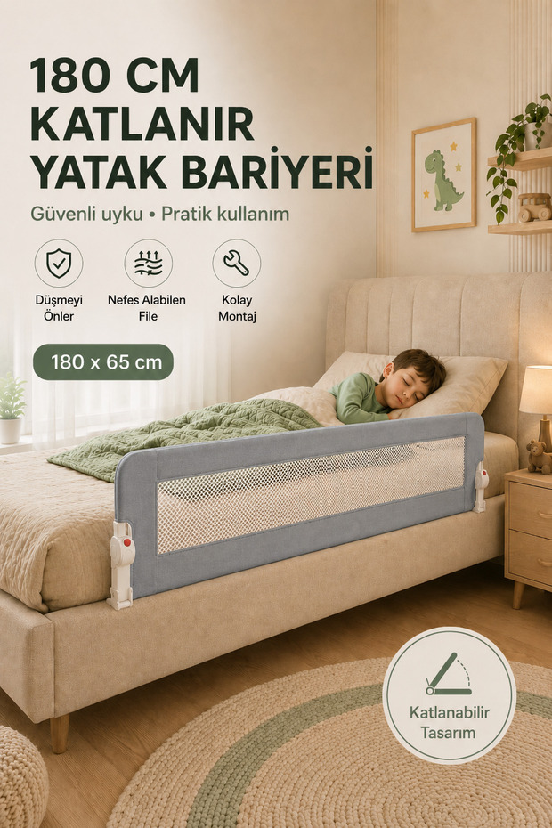 180 cm Folding Bed Barrier Gray - Baby Child Safety Barrier, Anti-Fall Protective Barrier