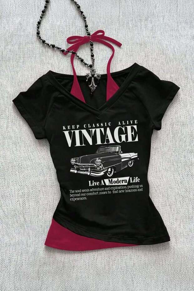 Black Vintage Modern Life Y2K Short Sleeve Crop with Additional Straps
