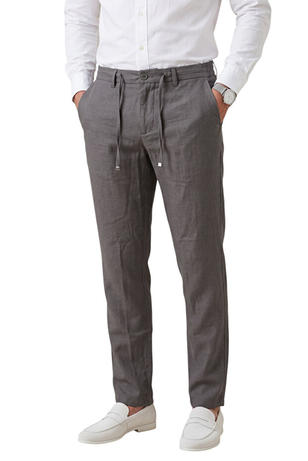 Anthracite Slim Fit Lycra Linen Textured Elastic Waist Drawstring Summer Men's Trousers 2603001