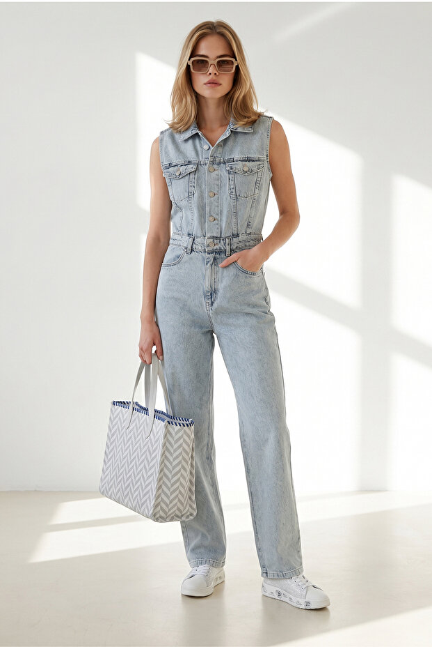 Women's Light Blue Sleeveless Denim Jumpsuit with Pockets Tlm-19000174