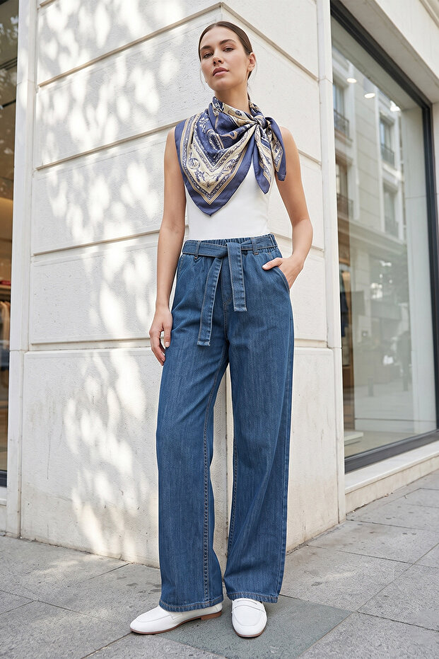 Belted Wide Leg Jeans with Elastic Waist - Tint