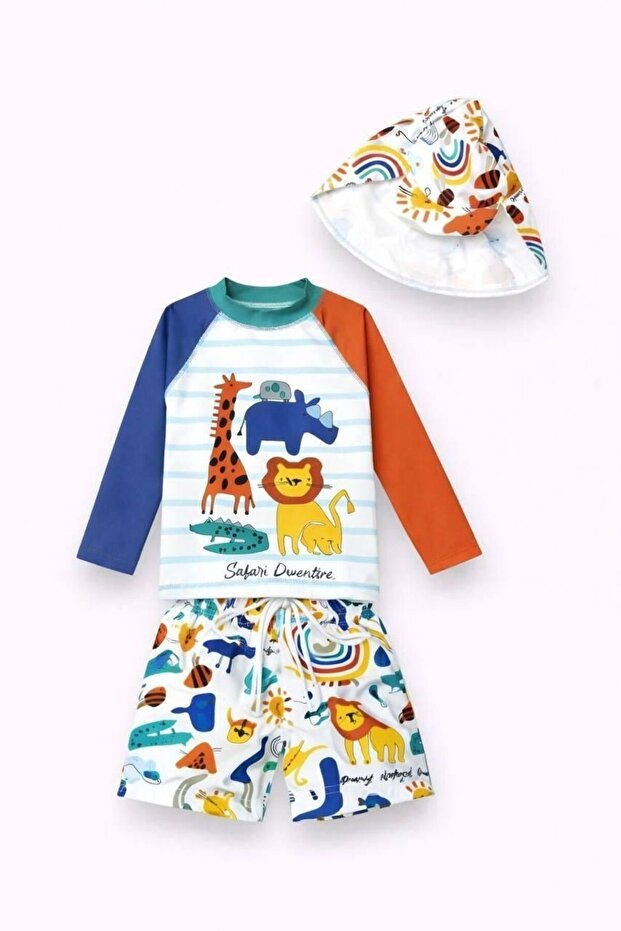 Boys' Sun-Protective Safari Patterned Long Sleeve Swimsuit Set with Parachute Shorts and Hat