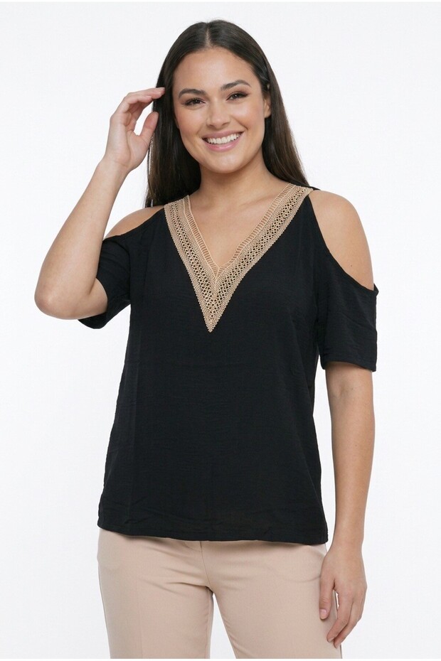 Women's Lace Collar, Low-Cut Shoulders, Plus Size Lycra Ayrobin Blouse