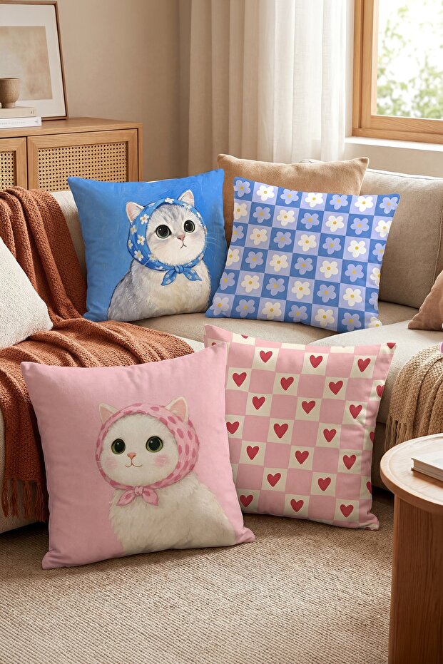 Cats with Scarves Patterned 4-Piece Throw Pillow Cover Set