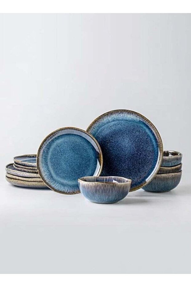 12 Piece Handcrafted Blue Glaze Dinnerware Set