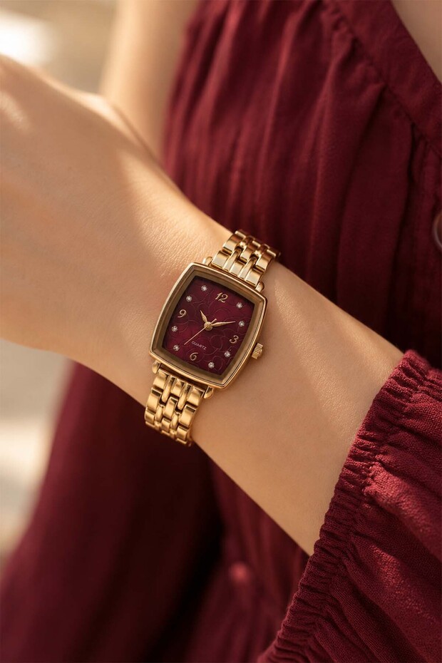 Snies Women's Gold Steel Band Claret Red Dial Rectangular Oval Case Elegant Quartz Wristwatch | Vintage Luxury 2026