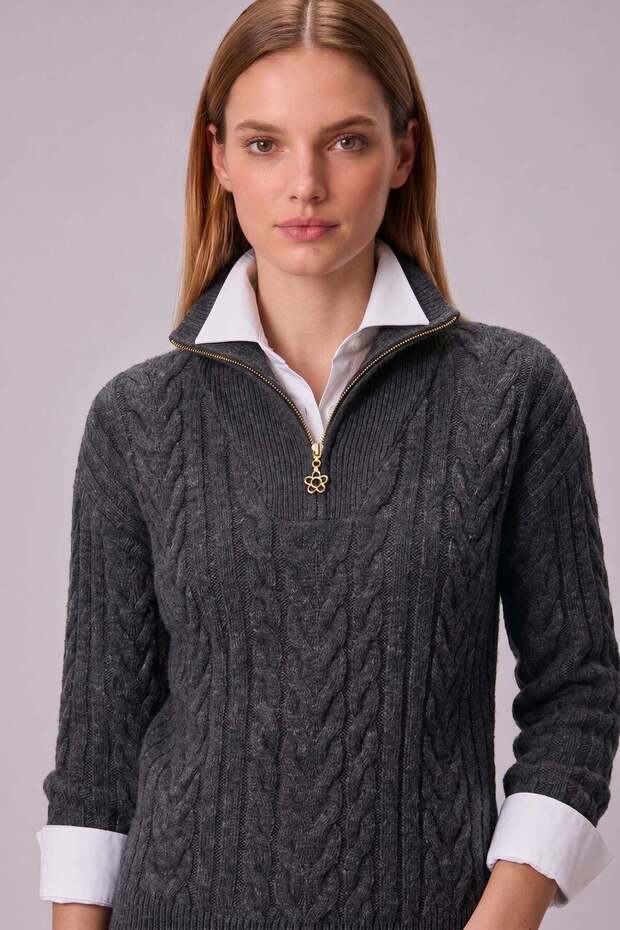 Women's Hair Knitted Half Zipper Bato Collar Wool Knitwear Sweater Anthracite