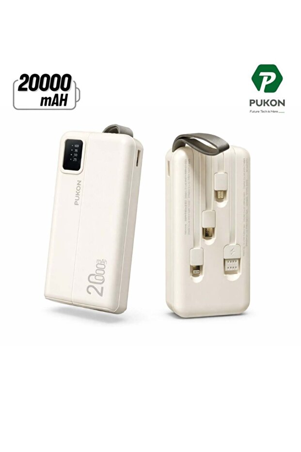 20000mAh Power Bank with Built-In Cables, Fast Charging, LED Display, Carry Strap, Beige