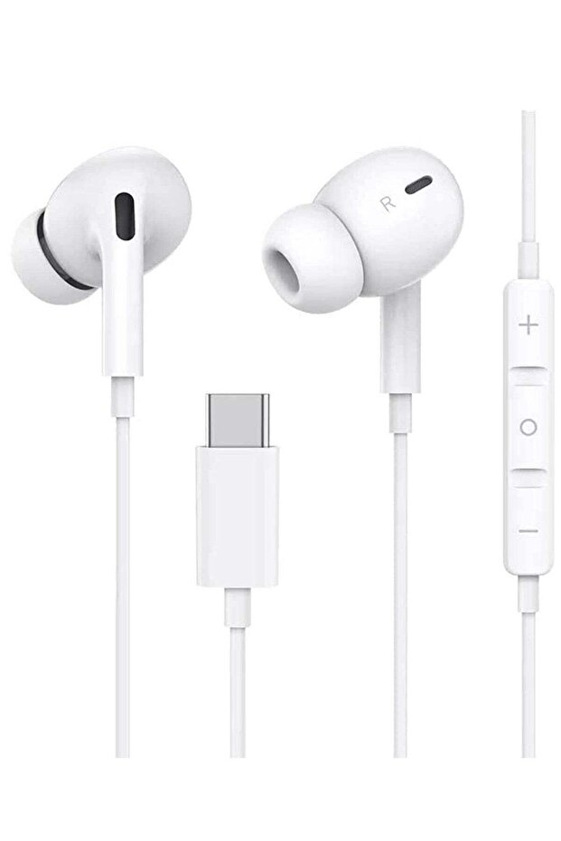 Type-C Earphones, Wired Headset, Mic, Volume Control, Heavy Bass, Hi-Fi Stereo (White)