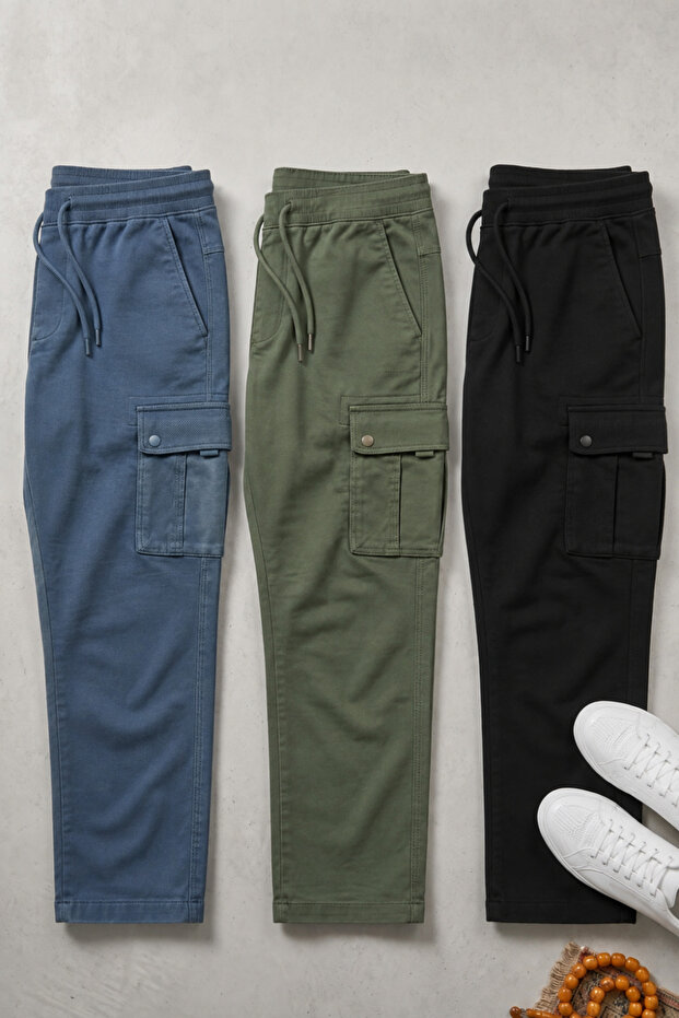 Men's 3-Piece Cargo Linen Trousers with Elastic Waist