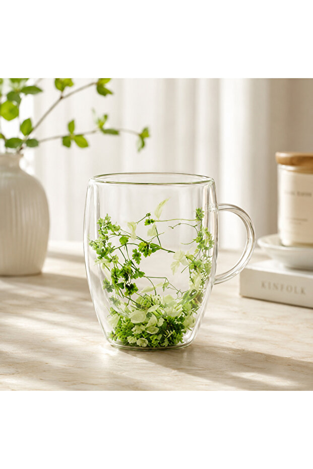 Double Glass Floral Mug – Decorative Transparent Cup