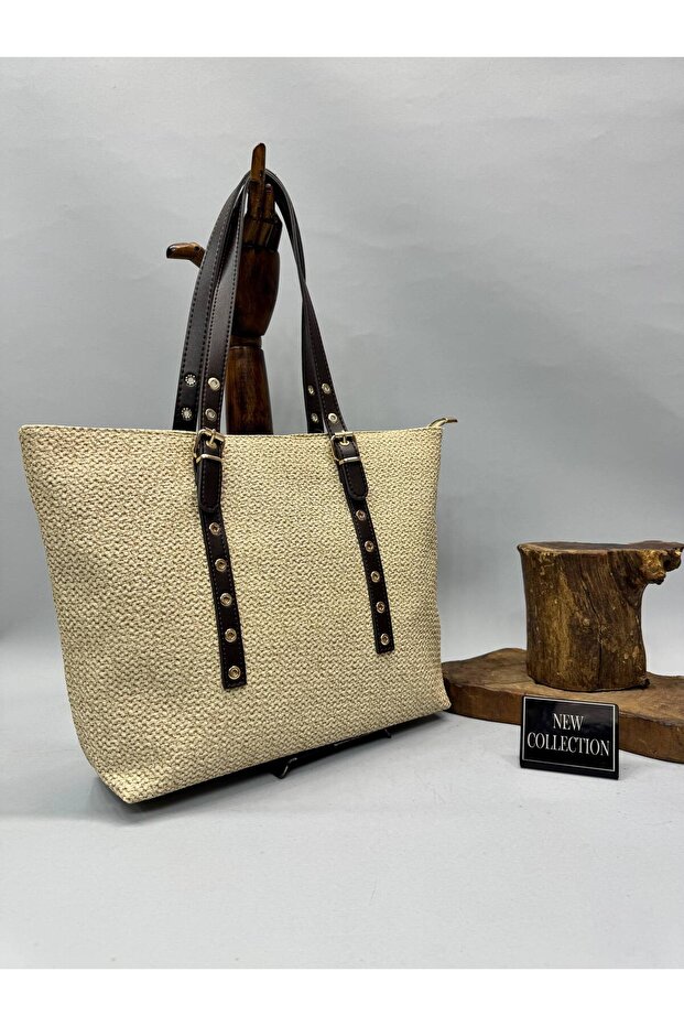 Straw-Look Textured Shoulder Bag with Faux Leather Strap, Daily Briefcase and Beach Bag