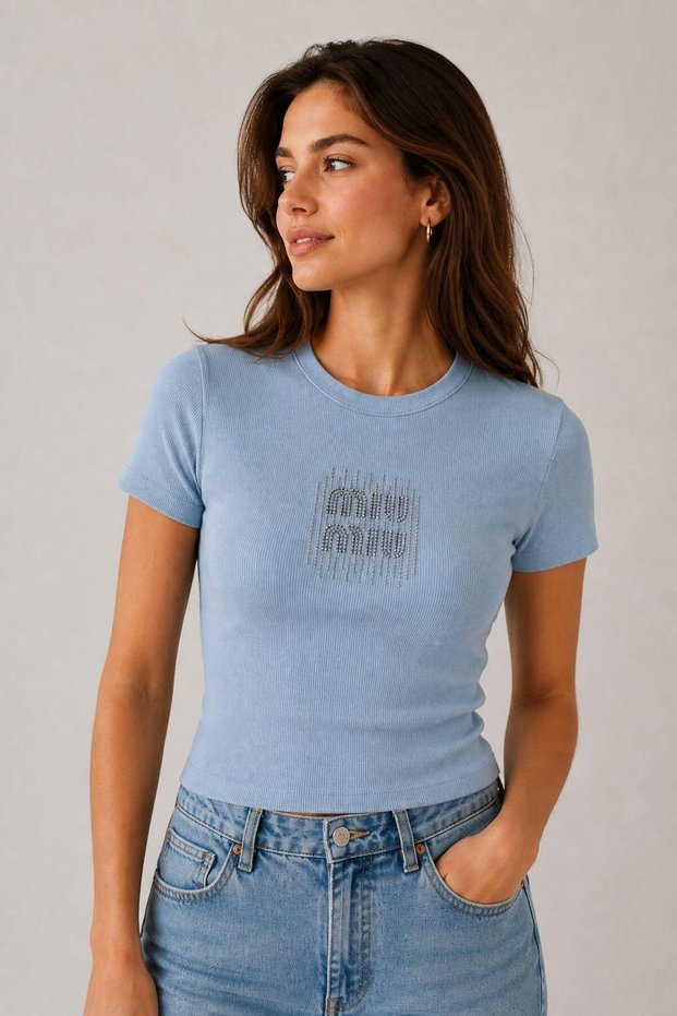 Women's Blouse with Lettering and Stones, Stylish Crop Blouse, Blue