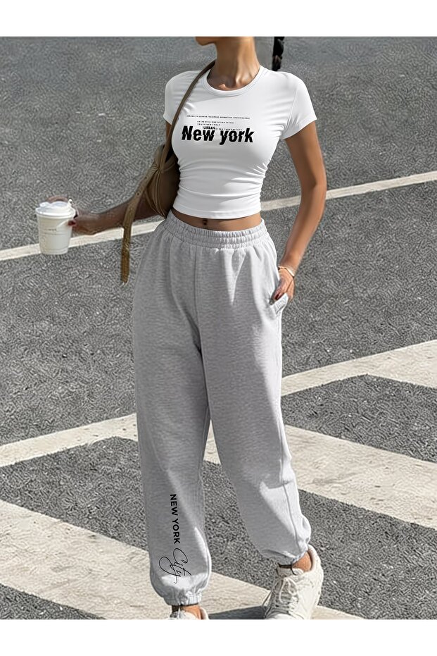 Women's New York City Printed Baby Tee Combed Cotton Crop and Sweatpants - Two-Piece Tracksuit Set