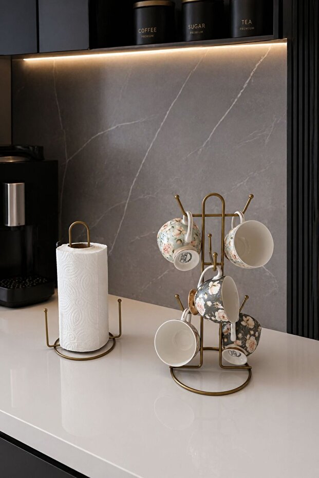 Set of 2 matte gold 6 compartment vertical cup hanger, vertical paper towel holder marble kitchen set