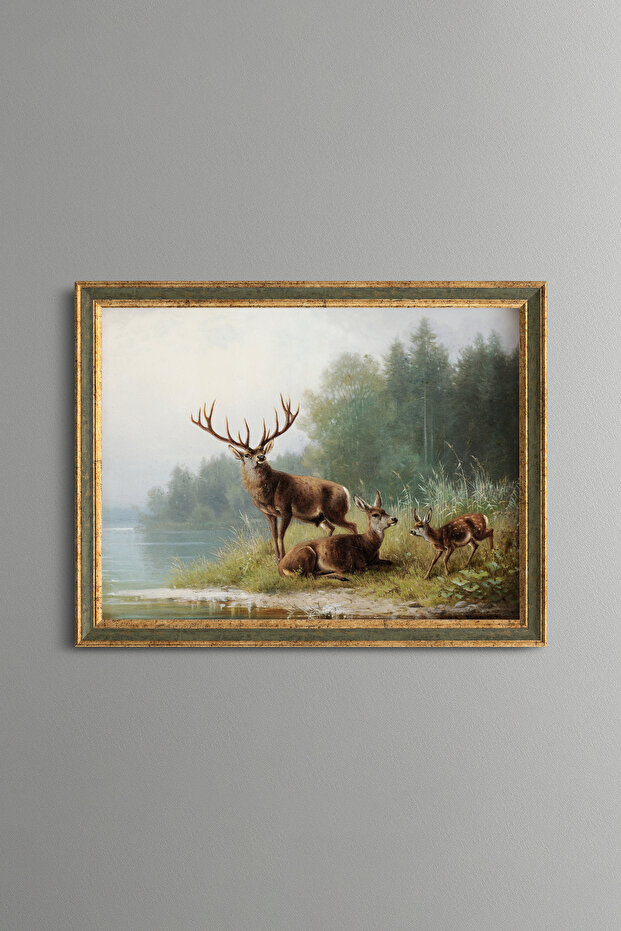 Deer by the Lake - Vintage Patterned Painting - Fine Model