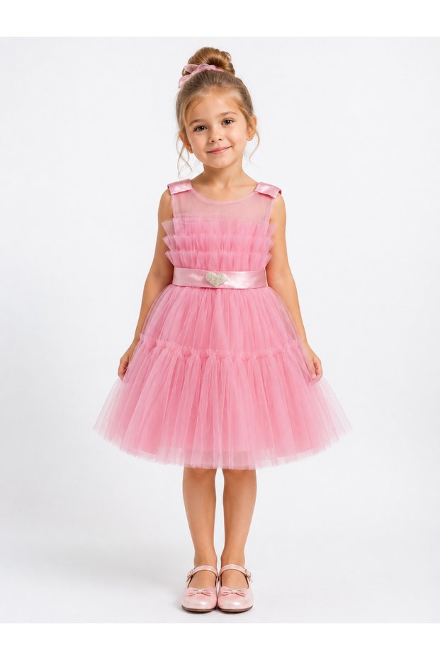 Girl's Pink Tulle Evening Dress with Heart Buckle Princess Model Ak113
