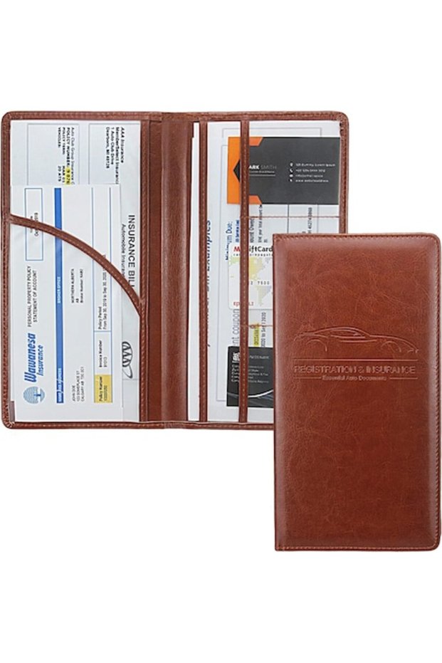 ®️ Car Document Organizer, Foldable Multi-Pocket, PU, Brown