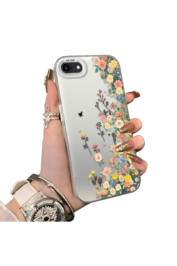 iPhone Se 2022 Compatible Silicone Edge Hard Back Case Couple Phone Case with Floral Pattern