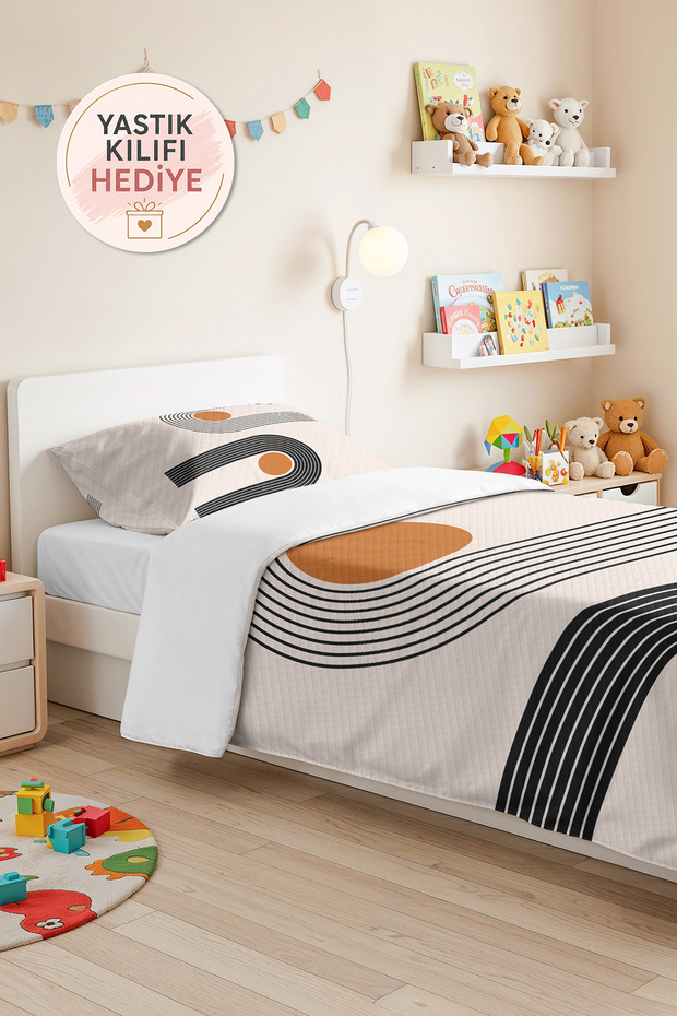 Geometric Black Modern Young Room Single Pique Set - Mustard 160X220 cm Quilted Bedspread