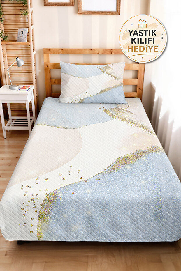 Blue Geometric Modern Young Room Single Pique Set-White Gold 160X220 cm Quilted Bedspread