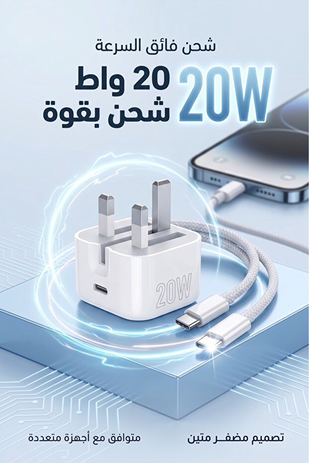 شاحن حائط بقوة 20 واط مع كابل USB-C إلى USB-C من القماش، شحن سريع بتقنية PD، لون أبيض